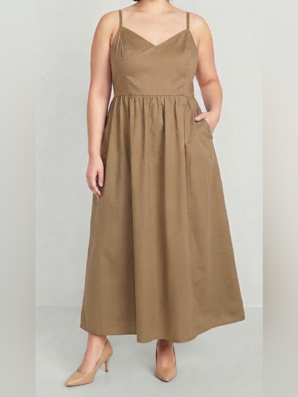 OLD NAVY Camel Brown Cotton-Poplin Cami Maxi Swing Spaghetti-Strap Dress 2X